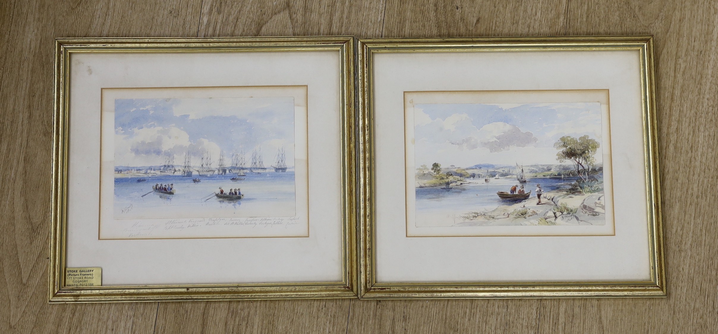 W. J. Hardy (19th C.), two watercolours, Named warships in harbour and Estuary scene, both signed and dated 1845, 12 x 17cm